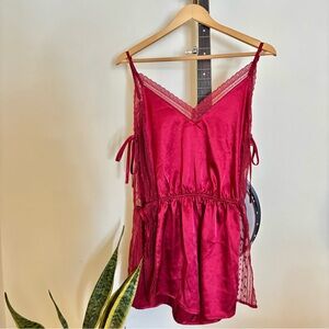 Red Lace Trim Satin Romper